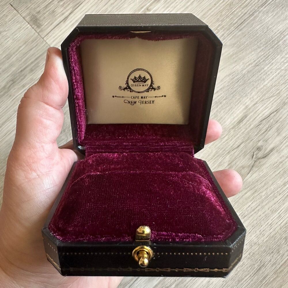 Antique Style Merlot Velvet Lined Gold Button Release Ring Box Queen May Jewelry
